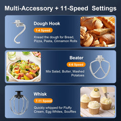 Fatabeta 1000W Stand Mixer, 5.5QT Kitchen Mixer with Dough Hook, Whisk and Beater, Electric Mixer with Bowl & 11 Speeds - Cake Mixer for Baking, Bread & More, Blue