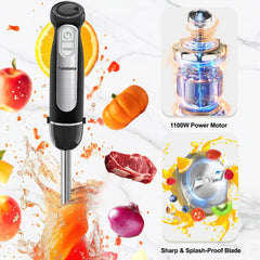 Fatabeta 1100W Immersion Blender, 21-Speed Hand Blender with Turbo Mode, 5-in-1 Stick Blender for Smoothies, Baby Food, Soups, Purees, Black