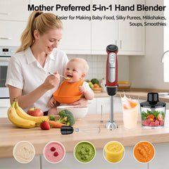 Fatabeta 1100W Immersion Blender, 21-Speed Hand Blender with Turbo Mode, 5-in-1 Stick Blender for Smoothies, Baby Food, Soups, Purees, Red