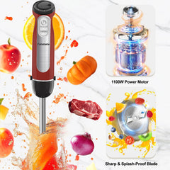 Fatabeta 1100W Immersion Blender, 21-Speed Hand Blender with Turbo Mode, 5-in-1 Stick Blender for Smoothies, Baby Food, Soups, Purees, Red