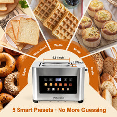 Fatabeta Toaster, 2 Slice Toaster with Dust Cover, Wide Slot for Bagel & Bread, 6-Shade Even Toasting, Defrost & Reheat, Smart LED Touchscreen, Stainless Steel