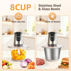 Fatabeta Food Processor, 500W Electric Food Chopper with 2 Bowls (8 Cup+8 Cup), Meat Grinder for Vegetable, Baby Food, Salsa, Includes 2 Sets of Bi-Level Blades