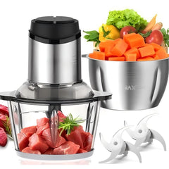 Fatabeta Electric Food Chopper & Meat Grinder – Food Processor with 2L (8 Cup) Glass/Stainless Steel Bowls, 2-Speed, Easy to Clean – Perfect for Baby Food, Salsa & Meal Prep
