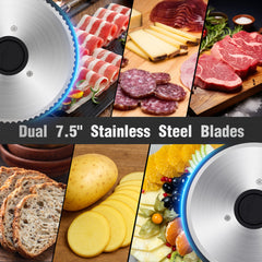 CUOCCO PRO 200W Electric Meat Slicer Machine - Home Food Slicer with Dual Blades, 0-15mm Adjustable, Detachable for Easy Cleaning, Child Safety Lock, Includes Stainless Steel Tray