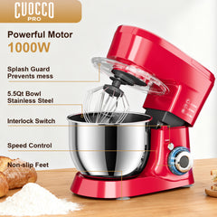 CUOCCO PRO 1000W Stand Mixer - Electric Stand Mixer with 5.5Qt Bowl, 11 Speeds, Dough Hook & Whisk & Beater, Tilt-Head, Dishwasher Safe, Suction Base, Red