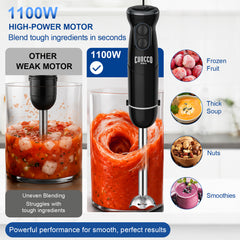 CUOCCO PRO Immersion Blender Handheld, 1100W Hand Blender with 21 Speeds & Turbo, Hand Mixer for Smoothies, Soups & Baby Food, Dishwasher Safe, Black