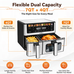 LifeImpree 11 QT Dual Basket Air Fryer with Viewing Window, 1800W Digital Air Fryer, Sync Finish & Dual Cook, 12 One-Touch Presets, 100°F–400°F
