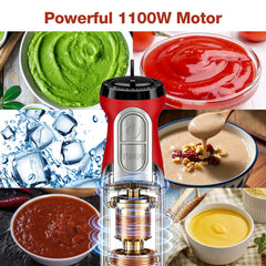 1100W Immersion Blender, 21-Speed Hand Blender with Turbo Mode, 5-in-1 Stick Blender for Smoothies, Baby Food, Soups, Purees, Red