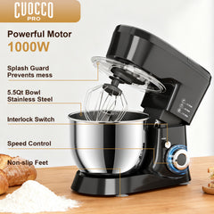 CUOCCO PRO 1000W Stand Mixer - Electric Stand Mixer with 5.5Qt Bowl, 11 Speeds, Dough Hook & Whisk & Beater, Tilt-Head, Dishwasher Safe, Suction Base, Black