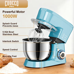 CUOCCO PRO 1000W Stand Mixer - Electric Stand Mixer with 5.5Qt Bowl, 11 Speeds, Dough Hook & Whisk & Beater, Tilt-Head, Dishwasher Safe, Suction Base, Blue