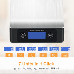 Food Scale, Kitchen Scale, MULISOFT Food Scales for Kitchen, LCD Display in Grams, Ounces, Pounds, Kilogram, Milliliter, Stainless Steel, 7 Units with Tare Function