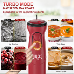 CUOCCO PRO Immersion Blender Handheld, 1100W Hand Blender with 21 Speeds & Turbo, Hand Mixer for Smoothies, Soups & Baby Food, Dishwasher Safe, Red