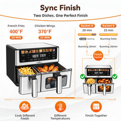 LifeImpree 11 QT Dual Basket Air Fryer with Viewing Window, 1800W Digital Air Fryer, Sync Finish & Dual Cook, 12 One-Touch Presets, 100°F–400°F