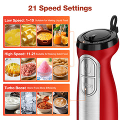 1100W Immersion Blender, 21-Speed Hand Blender with Turbo Mode, 5-in-1 Stick Blender for Smoothies, Baby Food, Soups, Purees, Red
