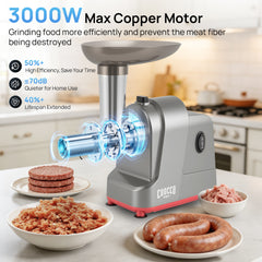 Meat Grinders, 3000W Max Electric Meat Grinder with Sausage Stuffer Maker, Kubbe Kit, 3 Grinding Plates, for Home Kitchen & Pet Food, Easy Clean