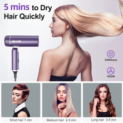 7MAGIC Hair Dryer, Blow Dryer with Diffuser, Powerful 1600W Motor for Fast Drying, Hair Dryers for Women with Storage Bag, Folding Handle, Purple