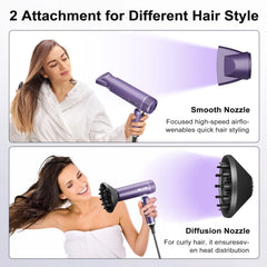 7MAGIC Hair Dryer, Blow Dryer with Diffuser, Powerful 1600W Motor for Fast Drying, Hair Dryers for Women with Storage Bag, Folding Handle, Purple