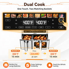 LifeImpree 11 QT Dual Basket Air Fryer with Viewing Window, 1800W Digital Air Fryer, Sync Finish & Dual Cook, 12 One-Touch Presets, 100°F–400°F