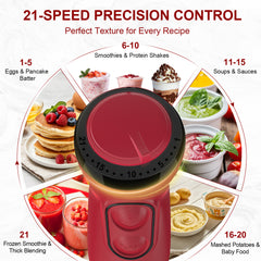 CUOCCO PRO Immersion Blender Handheld, 1100W Hand Blender with 21 Speeds & Turbo, Hand Mixer for Smoothies, Soups & Baby Food, Dishwasher Safe, Red
