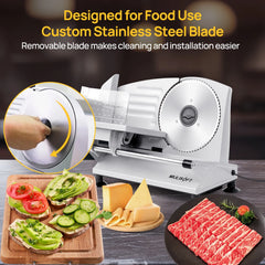MULISOFT Meat Slicer for Home Use – 2 Removable Stainless Steel Blades, Adjustable Thickness, Child Safety Lock – Cuts Meat, Cheese, Bread