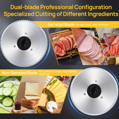 MULISOFT Meat Slicer for Home Use – 2 Removable Stainless Steel Blades, Adjustable Thickness, Child Safety Lock – Cuts Meat, Cheese, Bread
