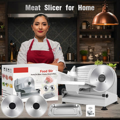 CUOCCO PRO 200W Electric Meat Slicer Machine - Home Food Slicer with Dual Blades, 0-15mm Adjustable, Detachable for Easy Cleaning, Child Safety Lock, Includes Stainless Steel Tray
