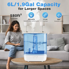 KNKA Humidifier, 6L Humidifier for Room, Cool Mist Humidifier for Home, Baby, and Bedroom, Quiet, Top-Fill, 360° Nozzle, 60-Hour Runtime, White