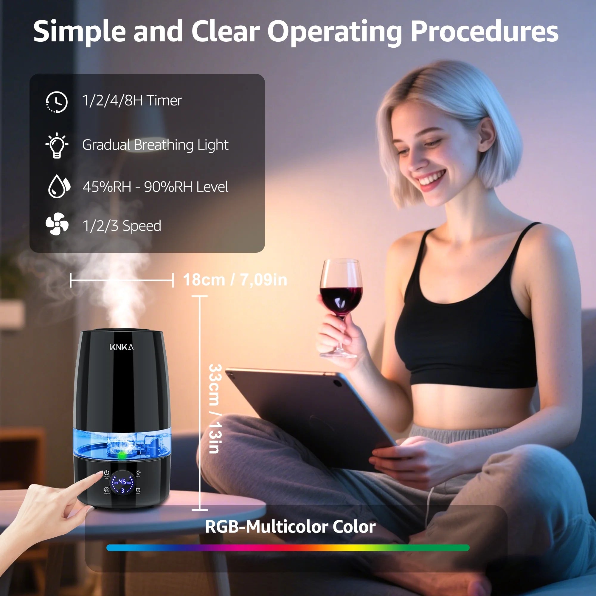 KNKA 4.5L Humidifier for Room - Quiet, Auto Humidity Control, Essential Oil Diffuser, 40H Runtime, Top Fill, Easy Clean, Anti-Leak