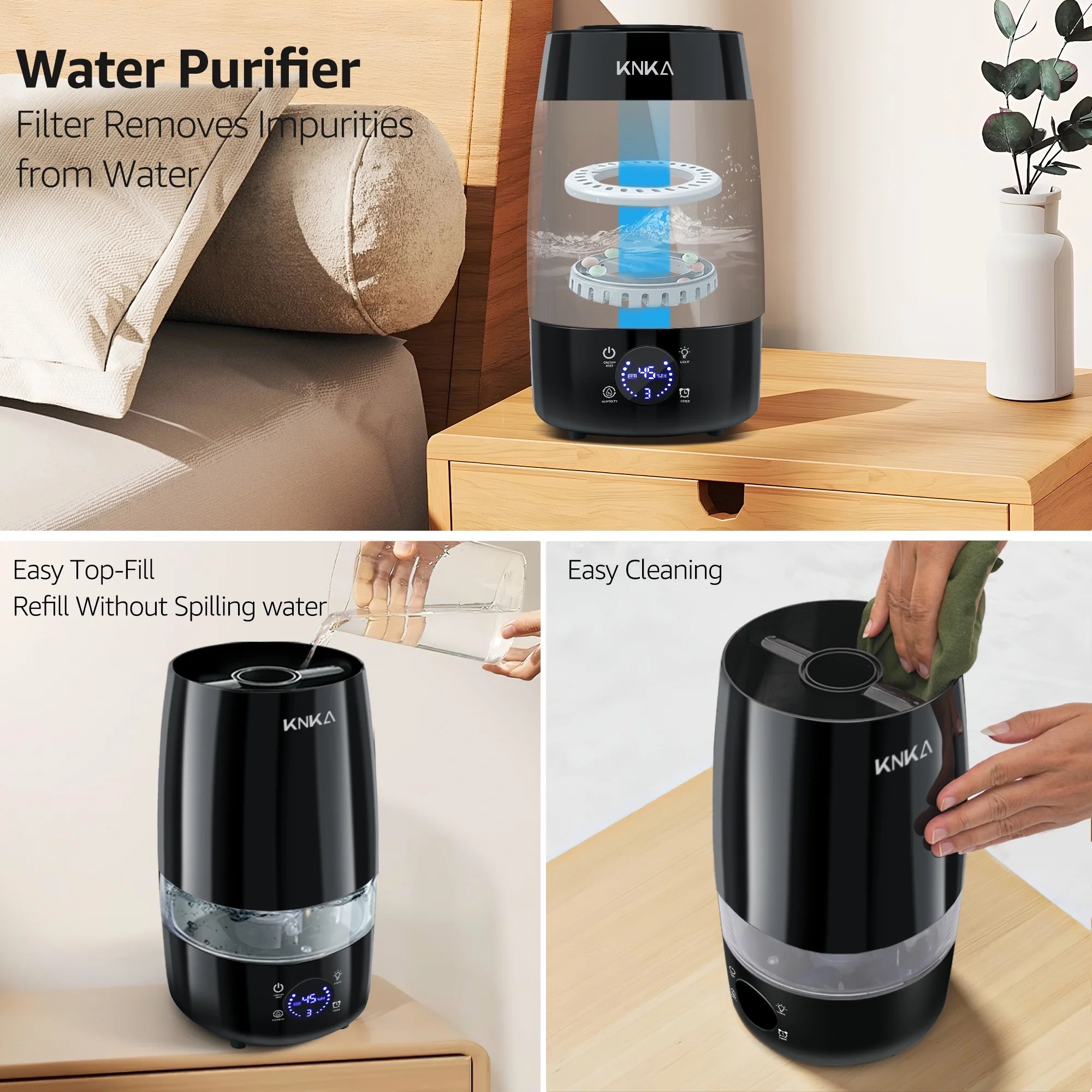 KNKA 4.5L Humidifier for Room - Quiet, Auto Humidity Control, Essential Oil Diffuser, 40H Runtime, Top Fill, Easy Clean, Anti-Leak