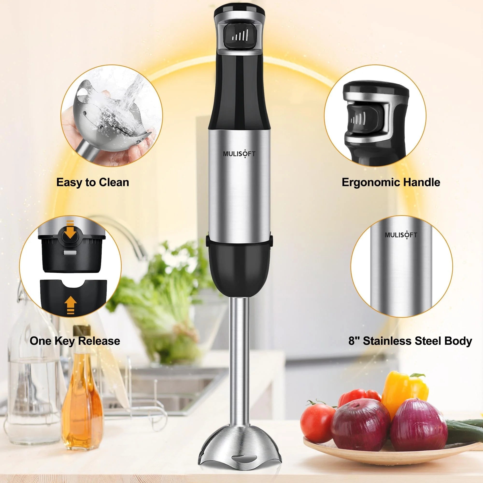 MULISOFT Immersion Blender Handheld, 5-in-1 Hand Blender with Variable Speed Design for Baby Food, Soup, Smoothies & Baking, Easy to Clean
