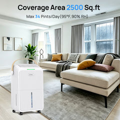 KNKA Pro Dehumidifier for Home and Basement, MAX 34 Pints (DOE) Dehumidifier with Drain Hose, Up to 2500 Sq.Ft., Smart Humidity Control, Auto Defrost, Quiet Operation, 24H Timer