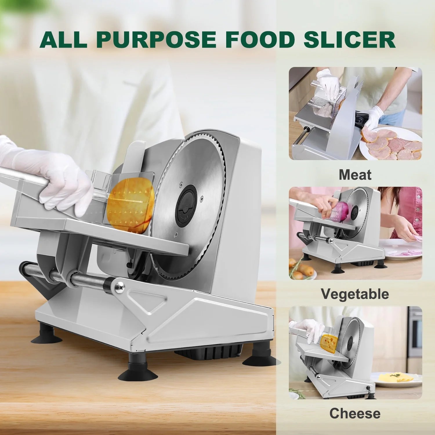 Meat Slicer, Electric Food Slicer with 2 Removable Stainless Steel Blades, Child Lock Protection, Adjustable Thickness, for Deli Cheese Bread