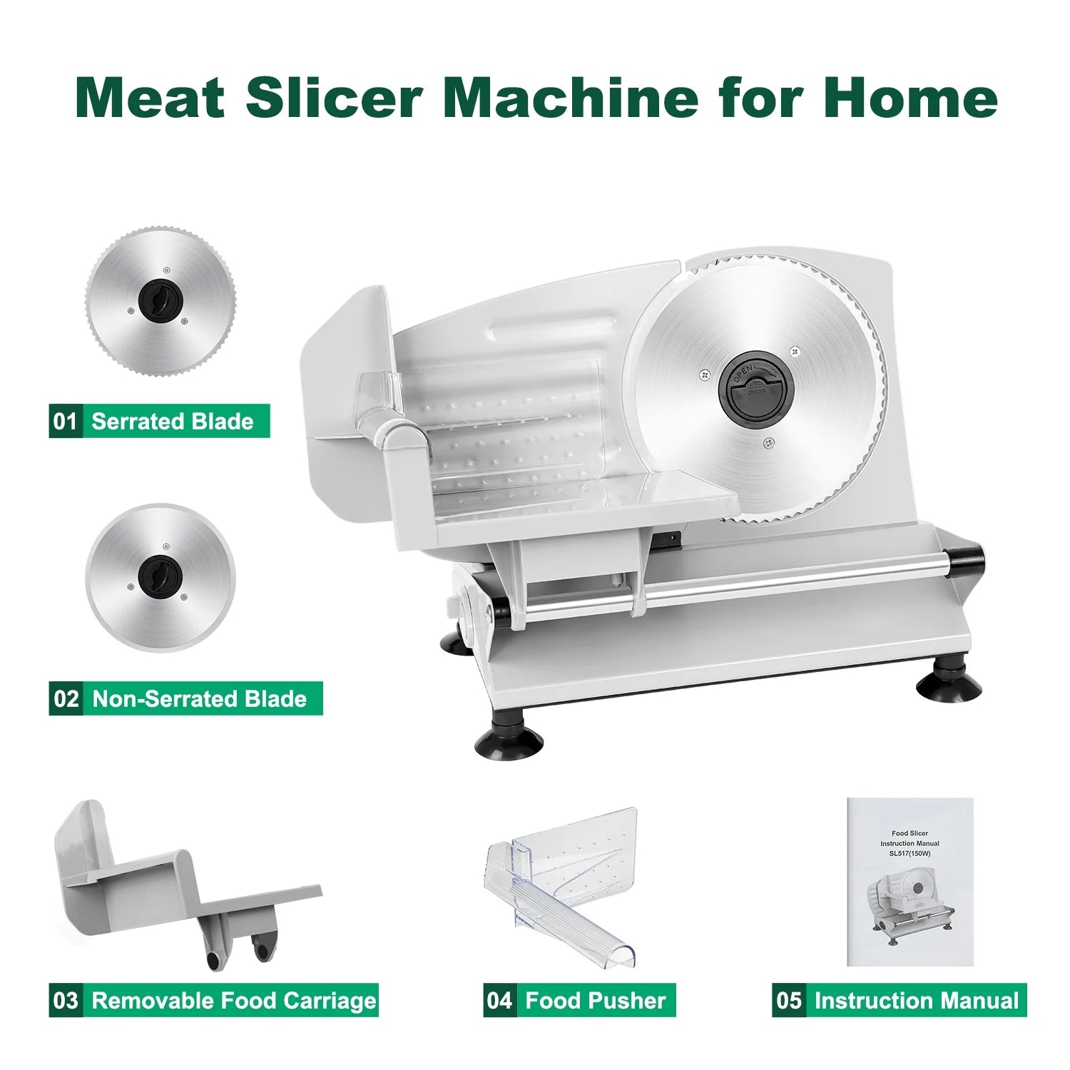 Meat Slicer, Electric Food Slicer with 2 Removable Stainless Steel Blades, Child Lock Protection, Adjustable Thickness, for Deli Cheese Bread