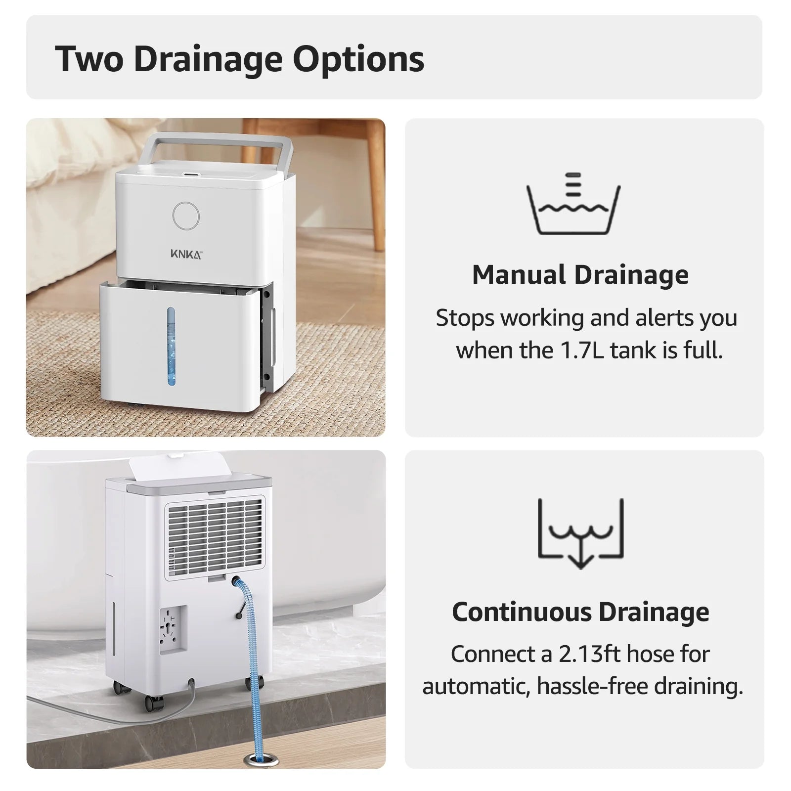 KNKA Pro Dehumidifier for Home with Drain Hose, (DOE Rating 10 pints/day), Dehumidifier for Basements, Covers Up to 1,500 Sq Ft, Auto Humidity Control for Bedroom, Bathroom, RV