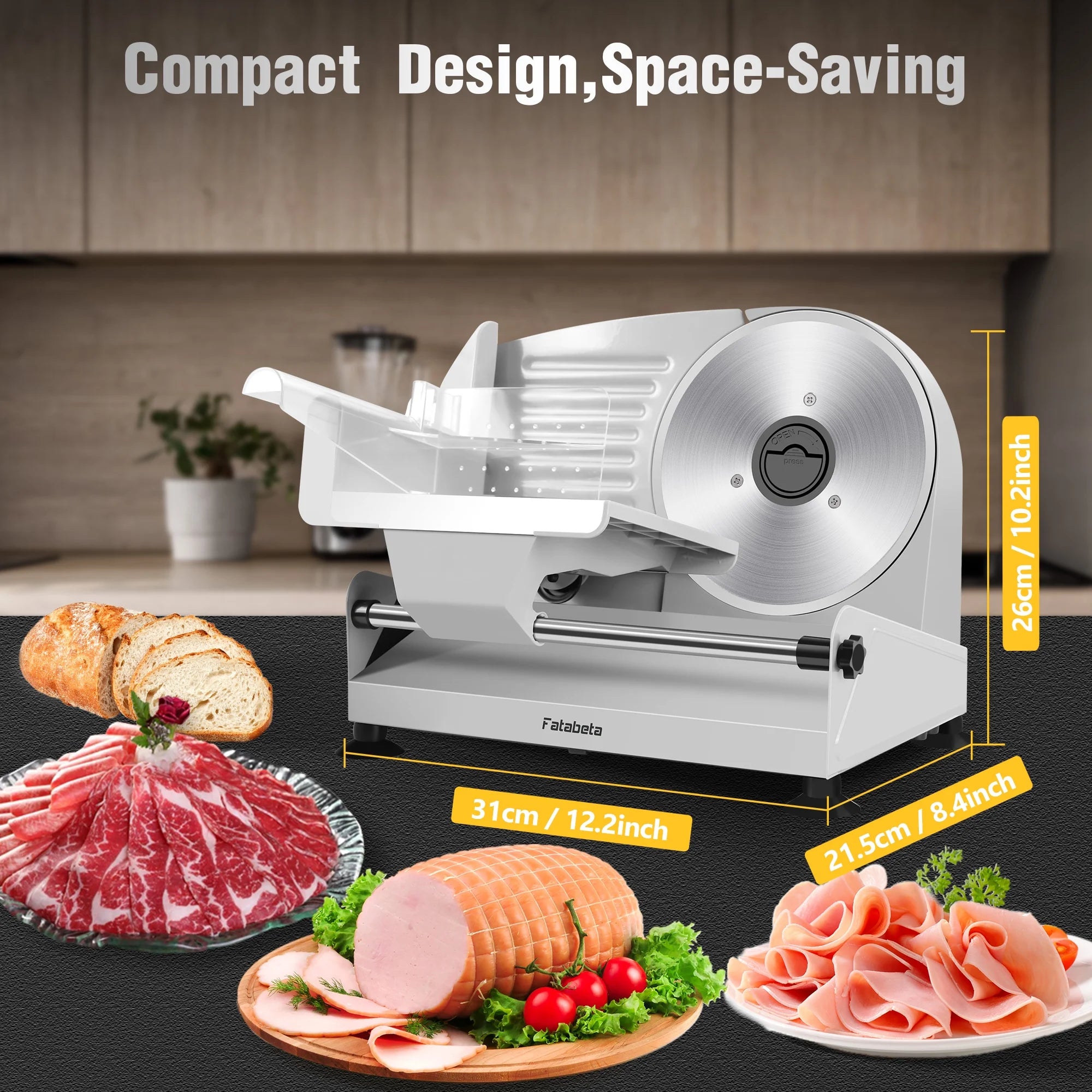 Fatabeta 200W Electric Meat Slicer for Home, with Dual Stainless Steel Blades & Tray, Adjustable Thickness, Detachable, Easy Clean