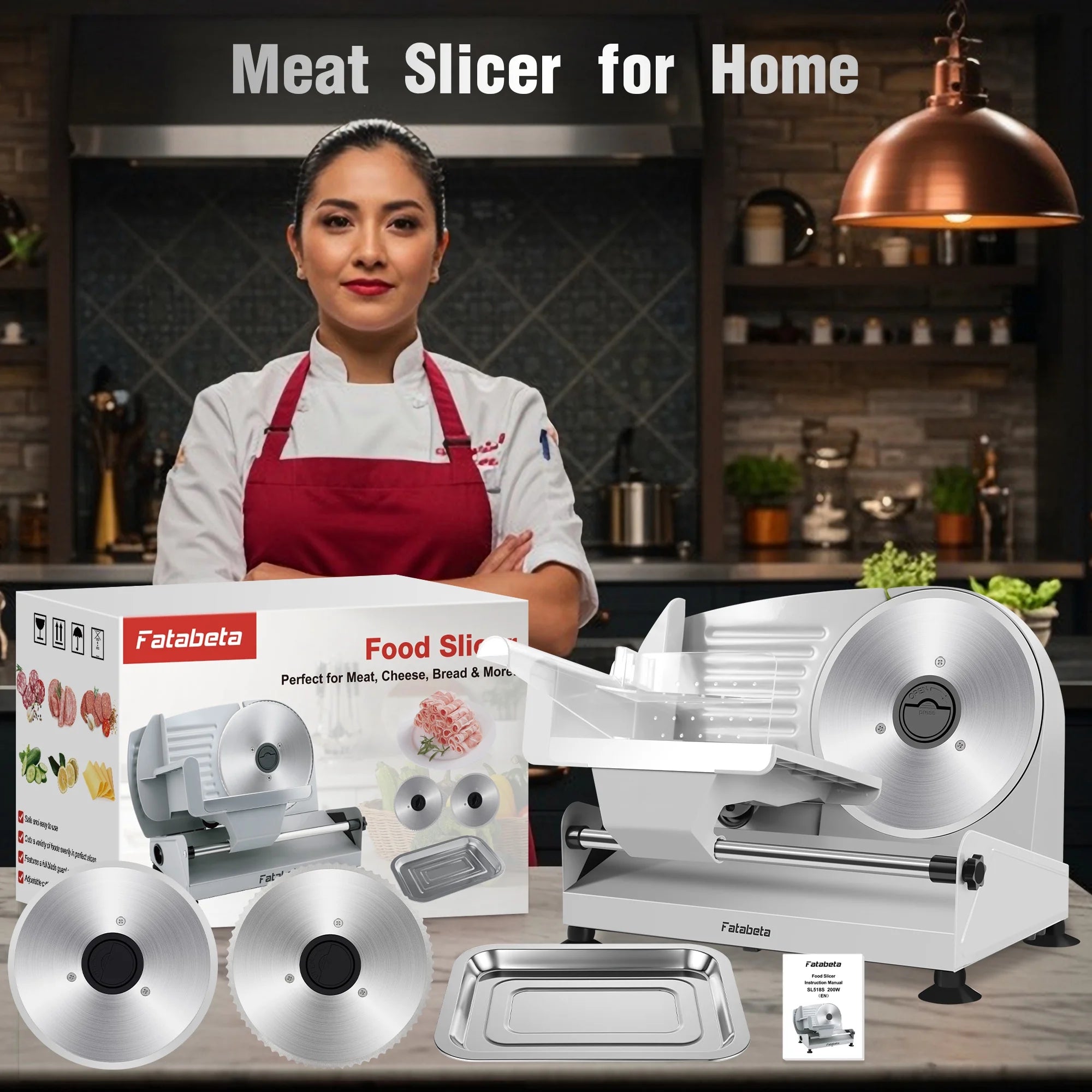 Fatabeta 200W Electric Meat Slicer for Home, with Dual Stainless Steel Blades & Tray, Adjustable Thickness, Detachable, Easy Clean