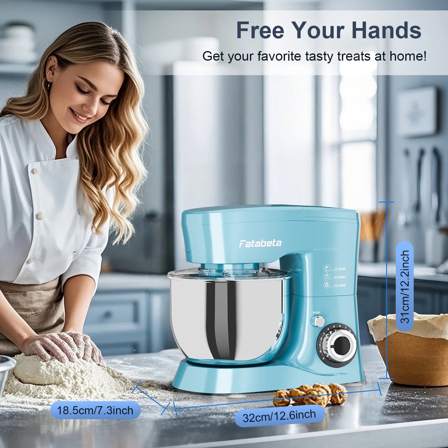 Fatabeta 1000W Stand Mixer, 5.5QT Kitchen Mixer with Dough Hook, Whisk and Beater, Electric Mixer with Bowl & 11 Speeds - Cake Mixer for Baking, Bread & More, Blue