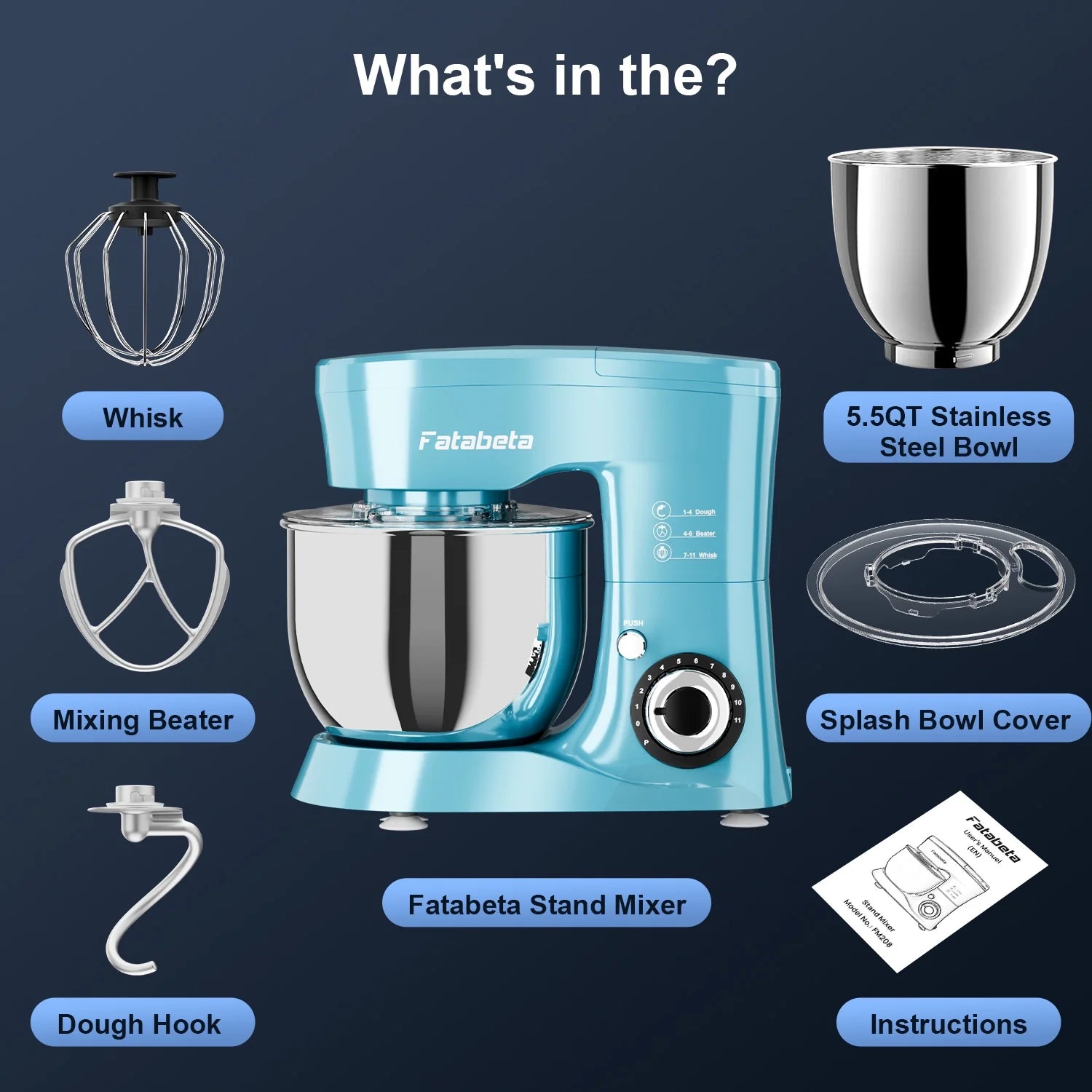 Fatabeta 1000W Stand Mixer, 5.5QT Kitchen Mixer with Dough Hook, Whisk and Beater, Electric Mixer with Bowl & 11 Speeds - Cake Mixer for Baking, Bread & More, Blue
