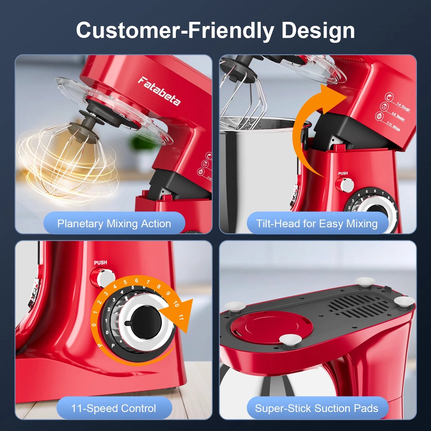 Fatabeta 1000W Stand Mixer, 5.5QT Kitchen Mixer with Dough Hook, Whisk and Beater, Electric Mixer with Bowl & 11 Speeds - Cake Mixer for Baking, Bread & More, Red