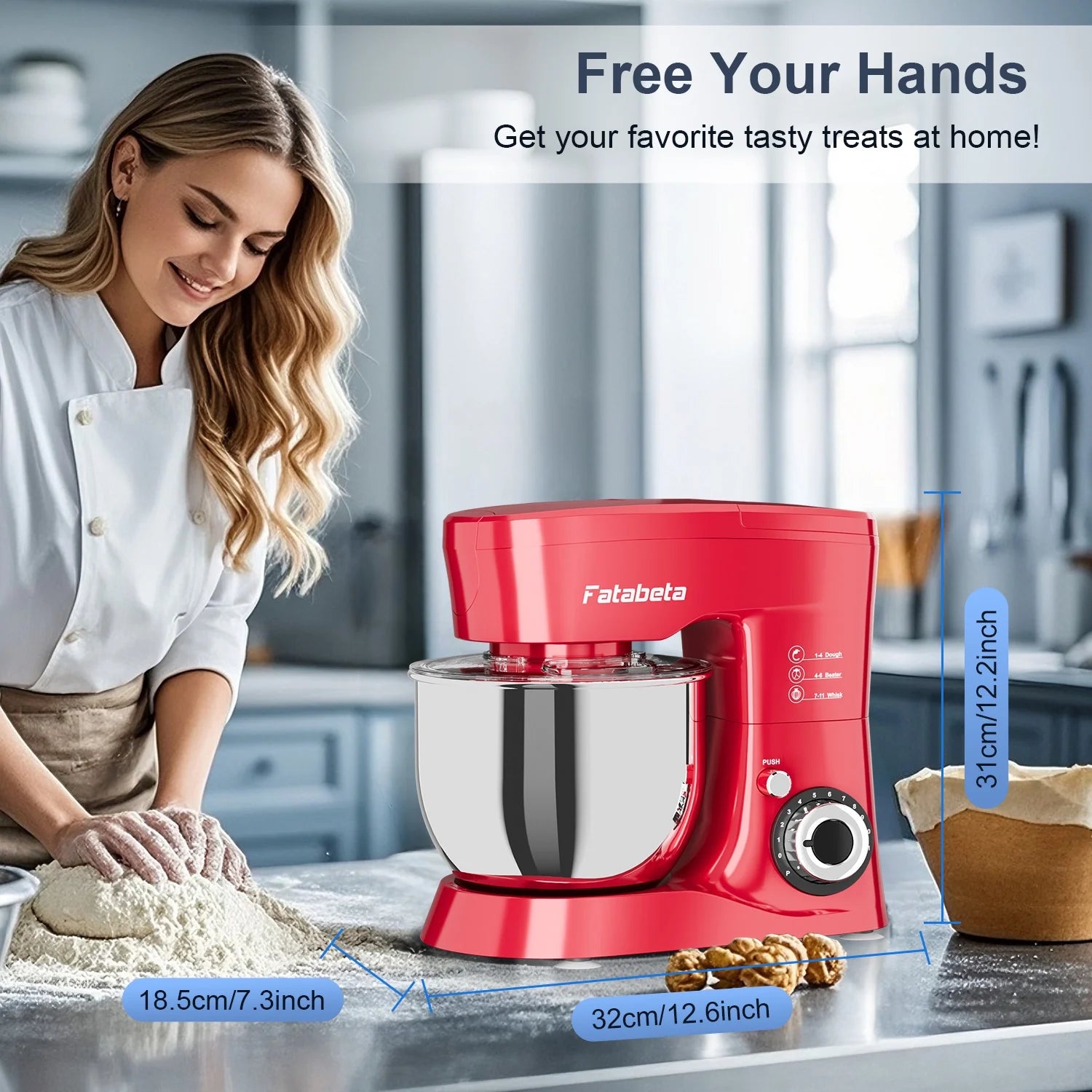 Fatabeta 1000W Stand Mixer, 5.5QT Kitchen Mixer with Dough Hook, Whisk and Beater, Electric Mixer with Bowl & 11 Speeds - Cake Mixer for Baking, Bread & More, Red
