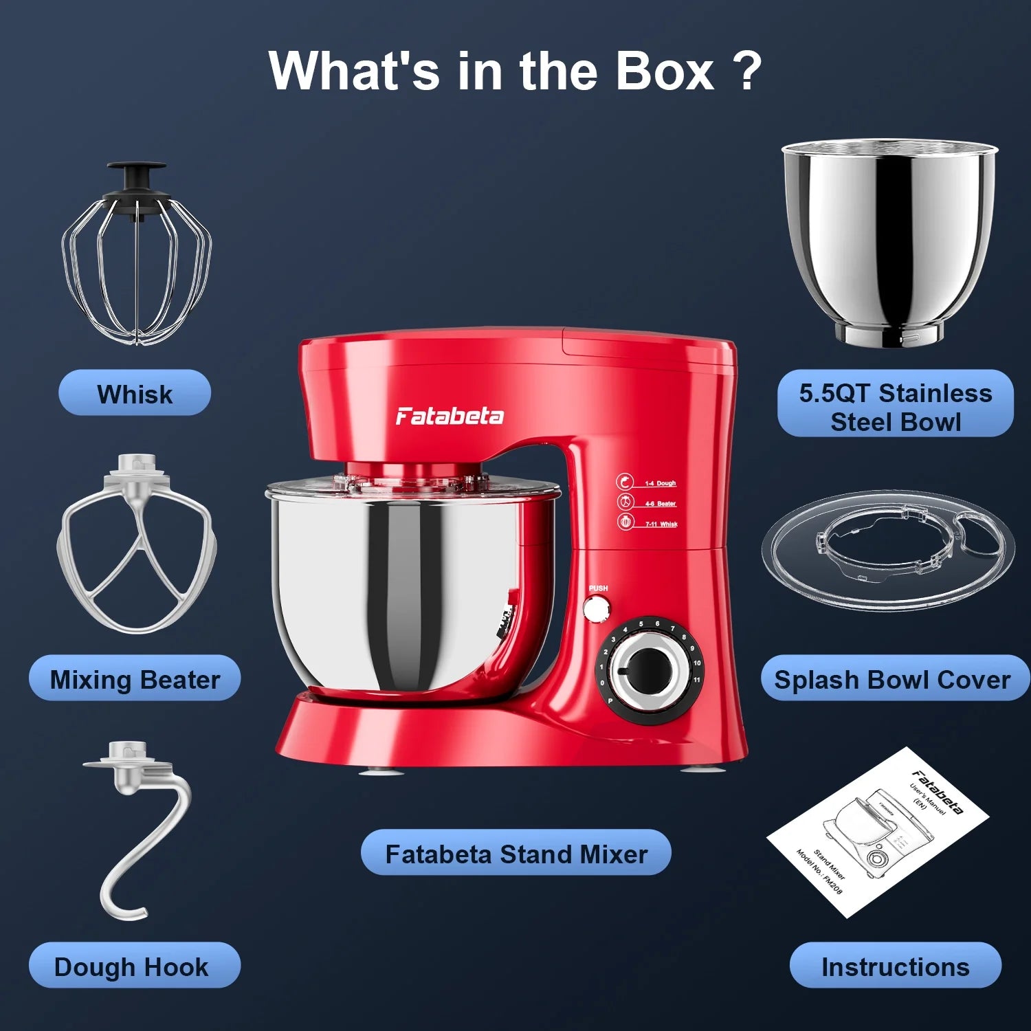 Fatabeta 1000W Stand Mixer, 5.5QT Kitchen Mixer with Dough Hook, Whisk and Beater, Electric Mixer with Bowl & 11 Speeds - Cake Mixer for Baking, Bread & More, Red