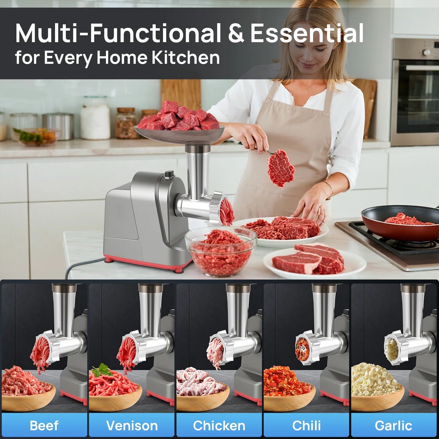 Fatabeta Meat Grinder - 3000W Max Electric Meat Mincer with Sausage Filler, Kubbe Kit, 3 Grinding Plates & Slicer/Shredder Attachments - for Home Kitchen