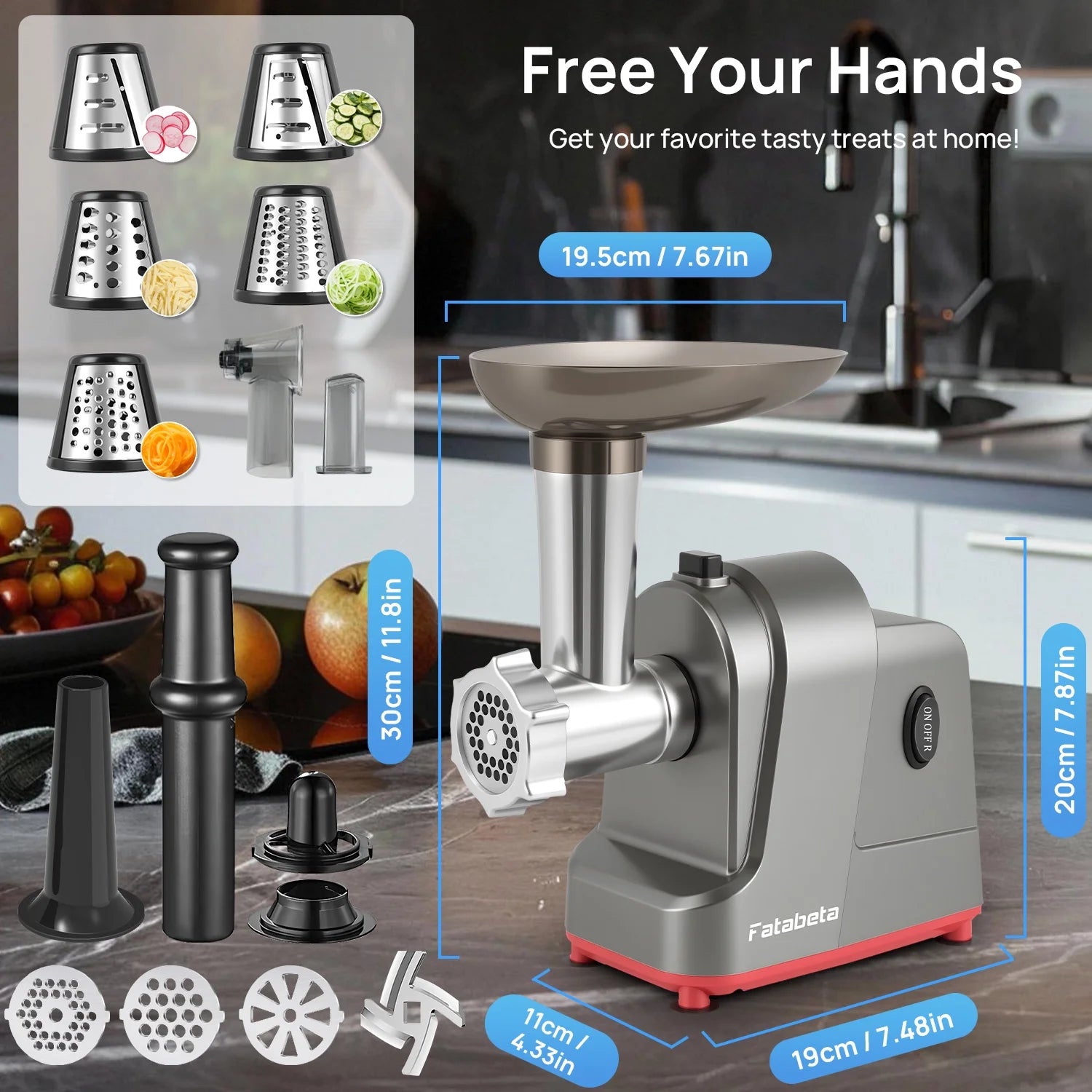 Fatabeta Meat Grinder - 3000W Max Electric Meat Mincer with Sausage Filler, Kubbe Kit, 3 Grinding Plates & Slicer/Shredder Attachments - for Home Kitchen