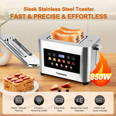 Fatabeta Toaster, 2 Slice Toaster with Dust Cover, Wide Slot for Bagel & Bread, 6-Shade Even Toasting, Defrost & Reheat, Smart LED Touchscreen, Stainless Steel