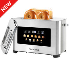 Fatabeta Toaster, 2 Slice Toaster with Dust Cover, Wide Slot for Bagel & Bread, 6-Shade Even Toasting, Defrost & Reheat, Smart LED Touchscreen, Stainless Steel