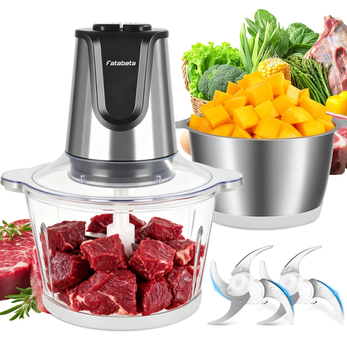 Fatabeta Food Processor, 500W Electric Food Chopper with 2 Bowls (8 Cup+8 Cup), Meat Grinder for Vegetable, Baby Food, Salsa, Includes 2 Sets of Bi-Level Blades