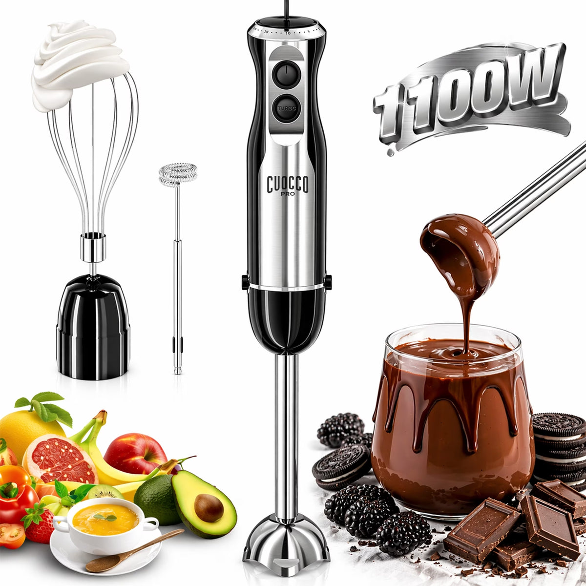 Immersion Blender, 1100W Immersion Blender Handheld with 21 Speeds &amp; Turbo Boost – 3-in-1 Hand Blender for Purees, Baby Food, Milkshakes, Soups &amp; Smoothies