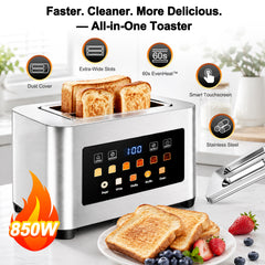 2 Slice Toaster with Dust Cover, Smart Touchscreen Toaster with Countdown Timer, Extra-Wide 1.57" Slots for Bagels & Thick Bread, 6 Browning Levels, Defrost & Reheat, Stainless Steel