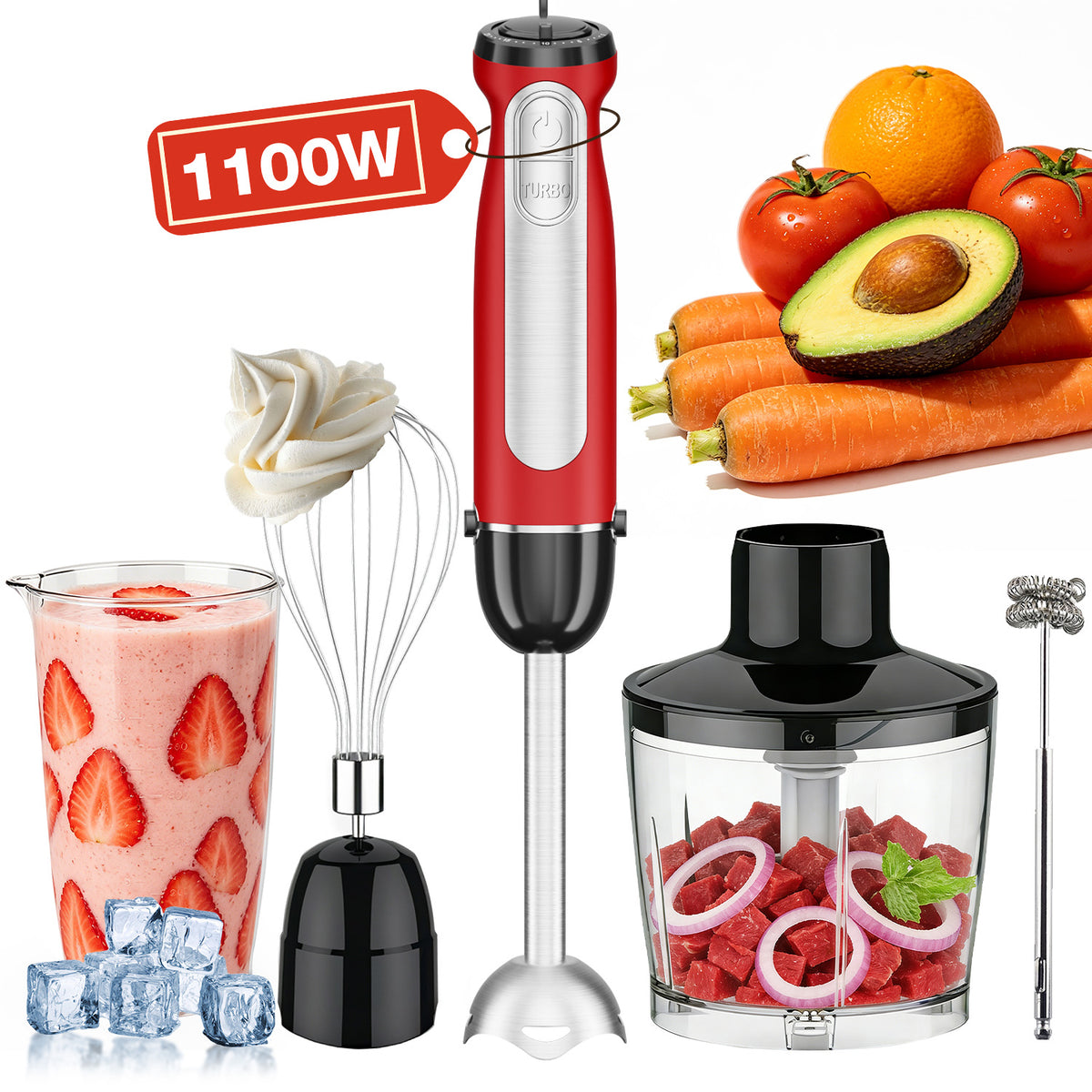 1100W Immersion Blender, 21-Speed Hand Blender with Turbo Mode, 5-in-1 Stick Blender for Smoothies, Baby Food, Soups, Purees, Red