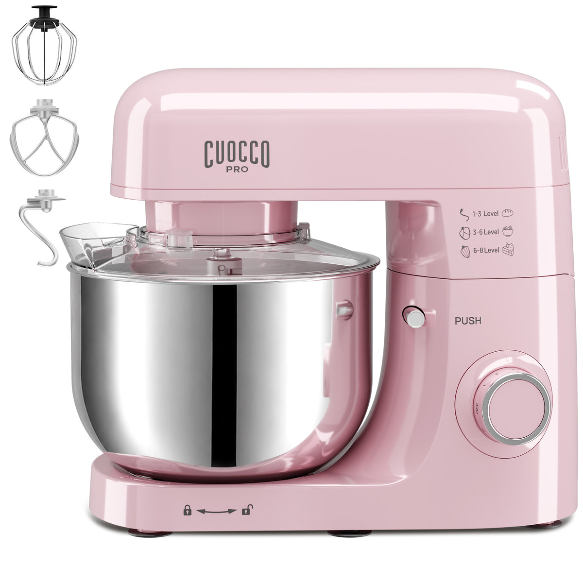 CUOCCO PRO 6.5 Qt Stand Mixer, Mixers for Kitchen, Handles Up to 1100g/2.4 lb Dry Flour, 1200W Peak, 8 Speeds + Pulse, Dough Hook, Beater & Whisk for Bread & Pizza, Cake & Cookies